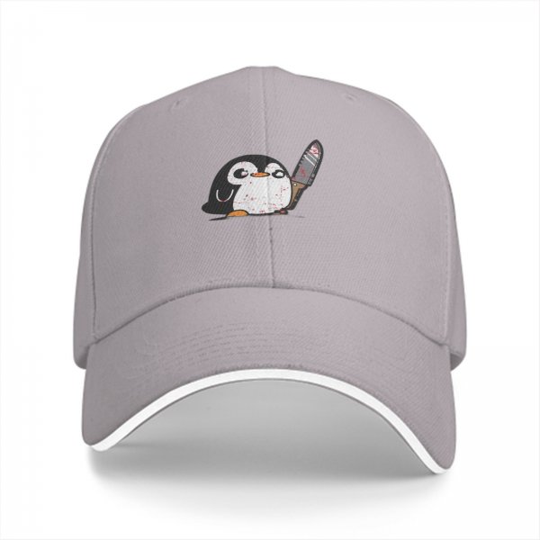 Black baseball cap with a cute penguin holding a bloodied knife print