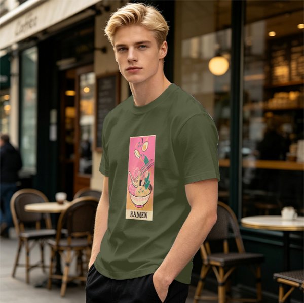 Olive T-Shirt With Ramen Tarot Card Style Graphic Print