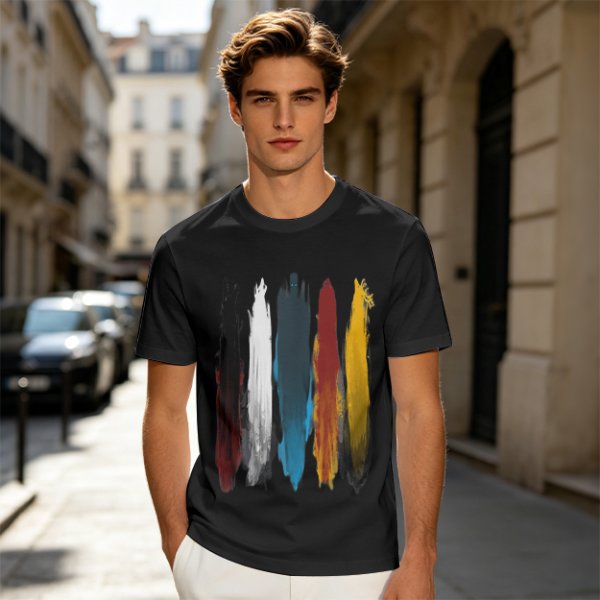 Olive Green T-Shirt With Vertical Colorful Brushstroke Figure Art