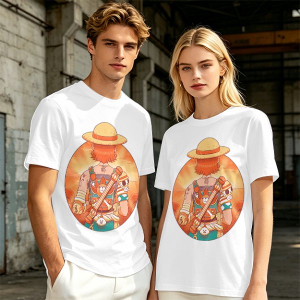 Olive T-Shirt Featuring Anime Character With Straw Hat Back View