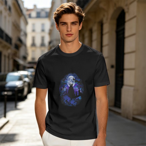 Olive T-Shirt With Night Sky Wolf Howling At Moon Graphic