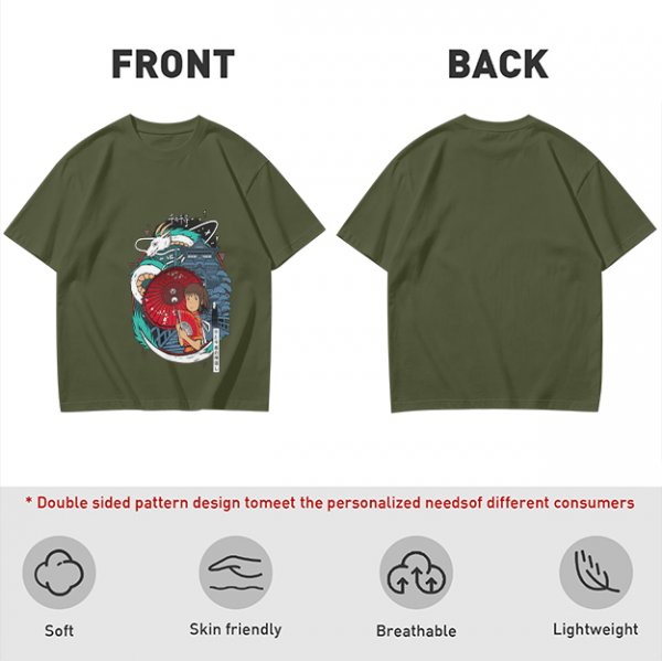 Spirited Away anime graphic olive green short sleeve t-shirt