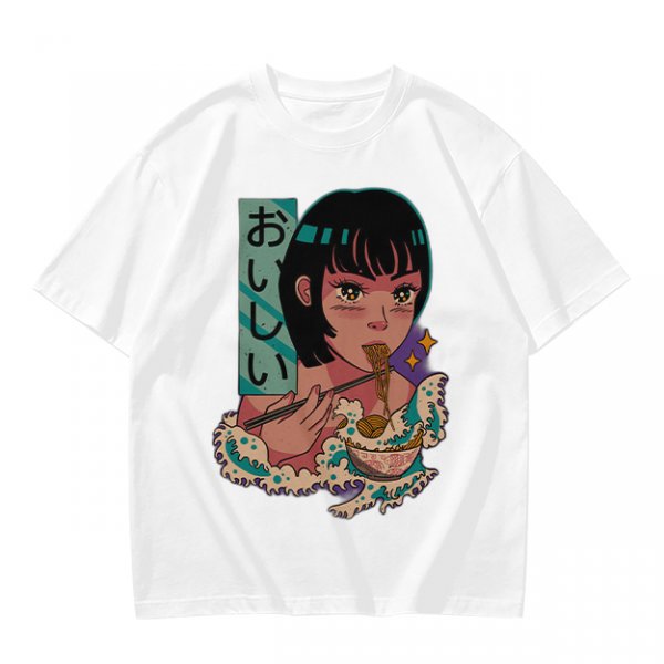 Olive anime graphic t-shirt with girl eating ramen and Japanese text