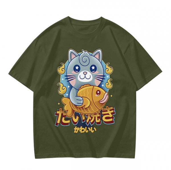 Olive green t-shirt with cute gray cat holding taiyaki graphic