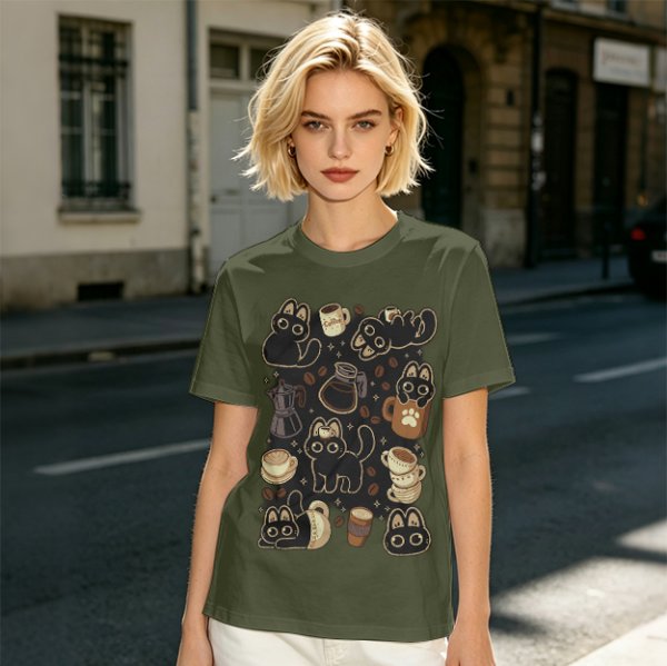 Olive T-Shirt With Cute Black Cats And Coffee Themed Print
