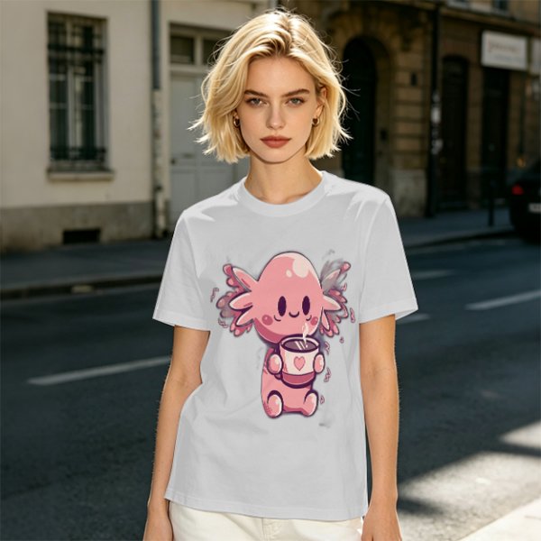 Olive T-Shirt With Cute Axolotl Holding Hot Drink Print