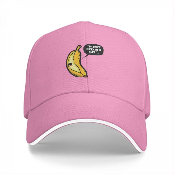 Black baseball cap with sad banana graphic reading I'm not peeling well