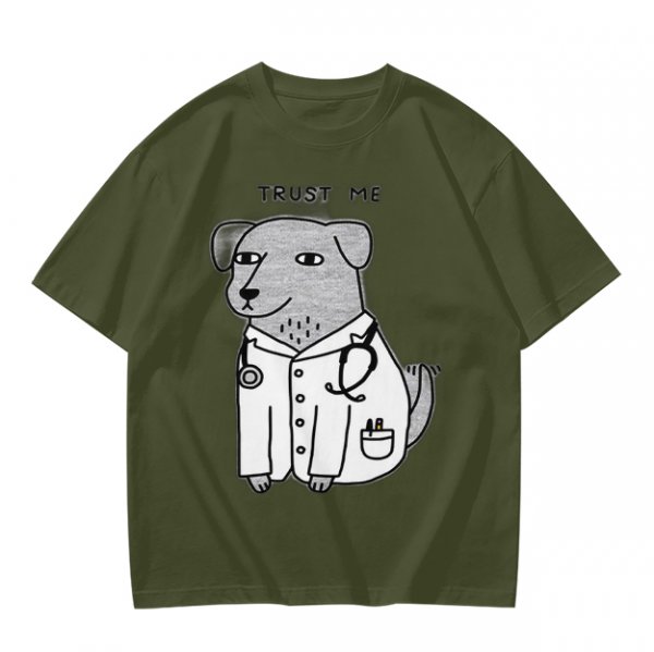 Olive T-shirt with Trust Me Doctor Dog Graphic Print