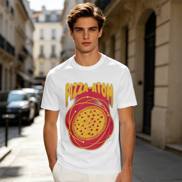 Olive green graphic t-shirt with pizza atom design