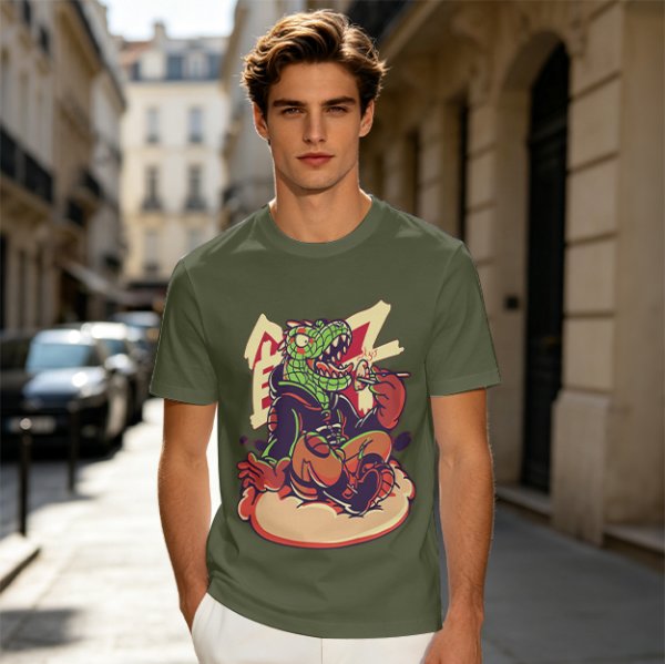 Olive T-Shirt with Cartoon Crocodile Eating Snack Graphic