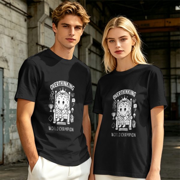 Oversized Army Green T-Shirt with Overthinking World Champion Brain Graphic