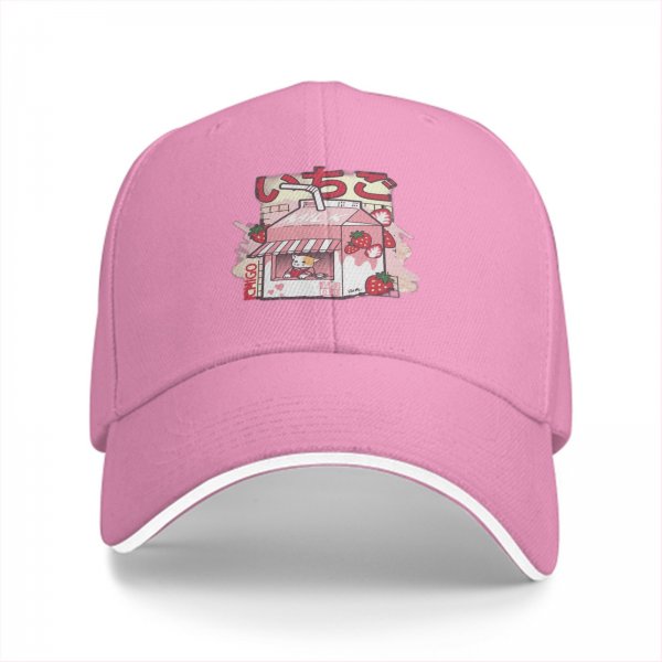 Black baseball cap with cute strawberry milk carton cat graphic