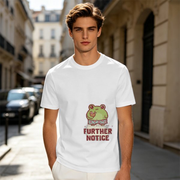 Olive T-Shirt with Cute Frog Graphic and Further Notice Text
