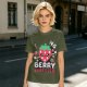 Olive graphic t-shirt with crying strawberry and 'berry stressed' text