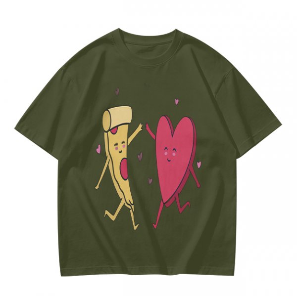 Olive T-Shirt with Dancing Pizza Slice and Heart Graphic