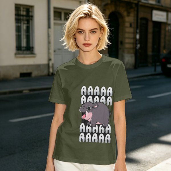 Olive t-shirt with screaming baby hippo and repeated A text