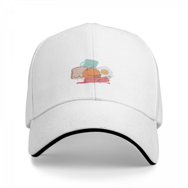 Black baseball cap with cute breakfast food character print