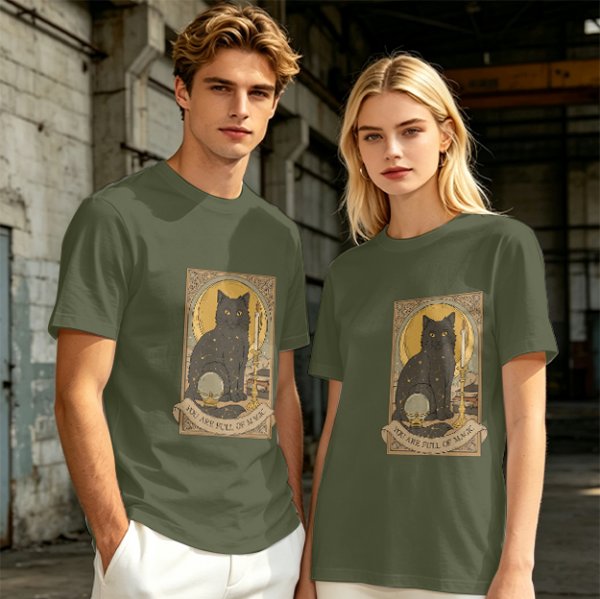 Olive T-Shirt With Black Cat Tarot Card Art That Says You Are Full Of Magic