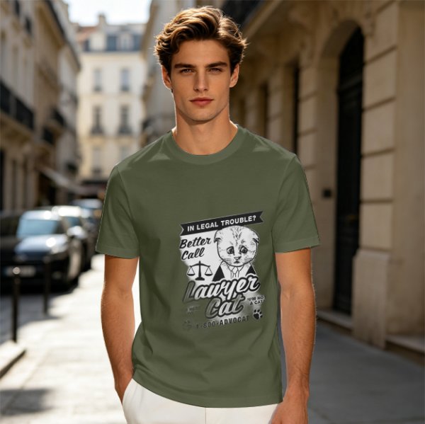 Olive T-Shirt With Funny Lawyer Cat Legal Trouble Graphic Print
