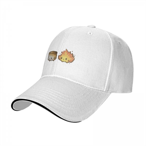 Black baseball cap with cute roasted marshmallow and fire graphic