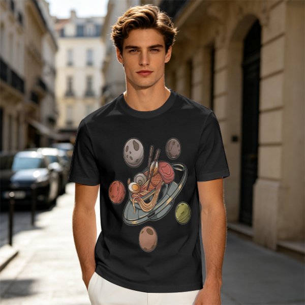Olive green t-shirt with ramen planet space graphic print