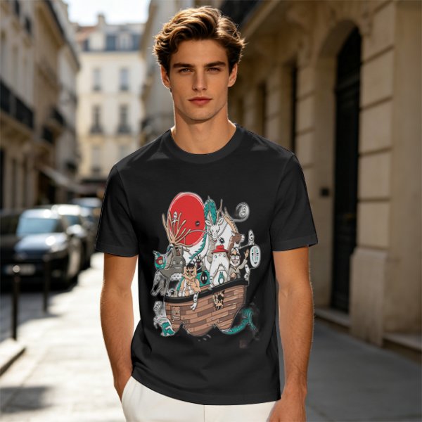 Studio Ghibli Characters Boat Graphic Olive T-Shirt