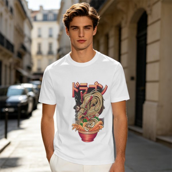 Olive T-Shirt with Japanese Ramen Dragon Graphic Print