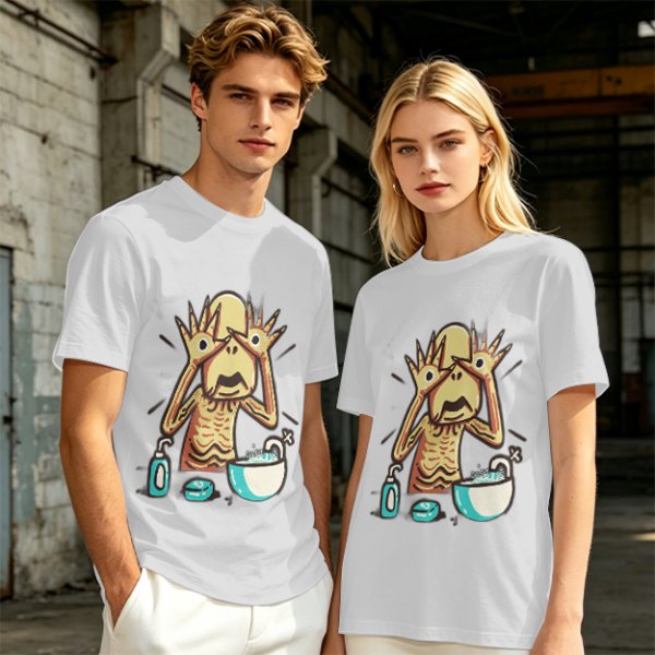 Olive T-shirt with a startled alien washing hands graphic