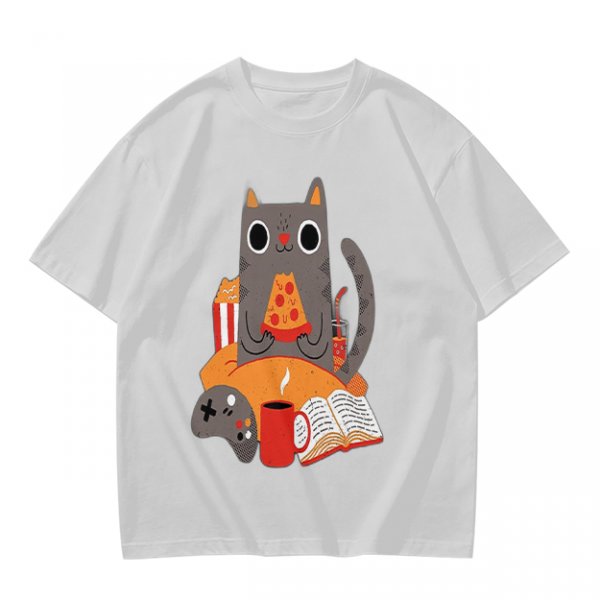 Olive T-Shirt With Cozy Cat Eating Pizza And Gaming Print