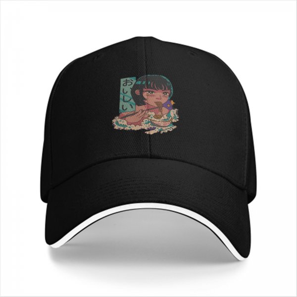 Black baseball cap with anime girl eating ramen graphic