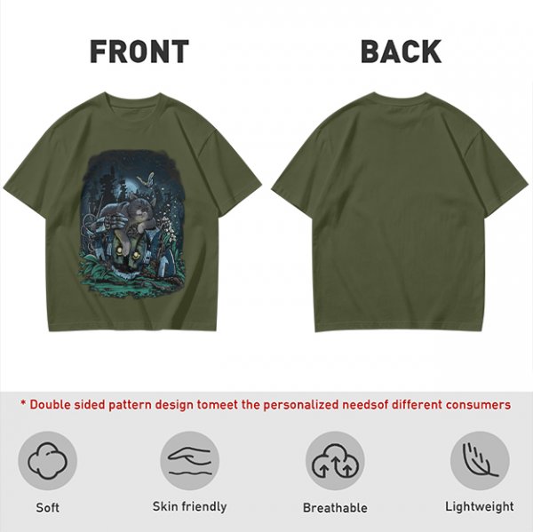 Olive Green T-Shirt With Night Graveyard Cat Illustration