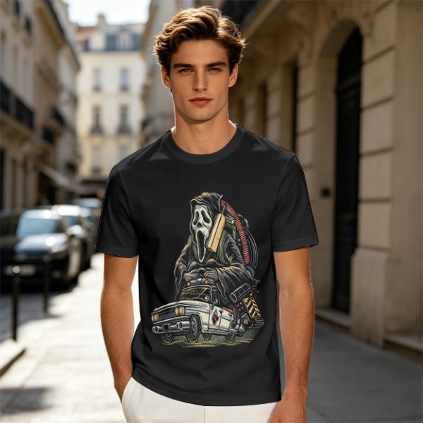Olive T-shirt with Ghostface driving a Ghostbusters-style car graphic