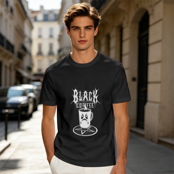Olive t-shirt with Black Coffee gothic angry cup pentagram print