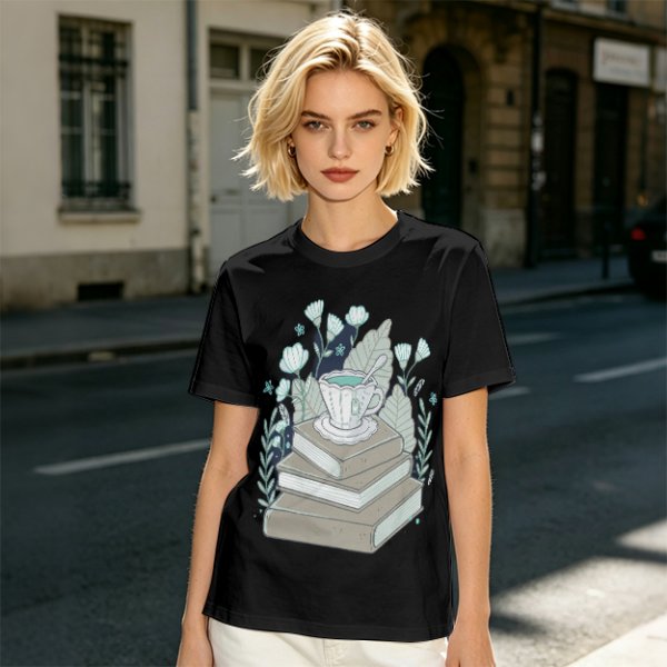 Olive T-Shirt With Stacked Books Teacup Floral Print