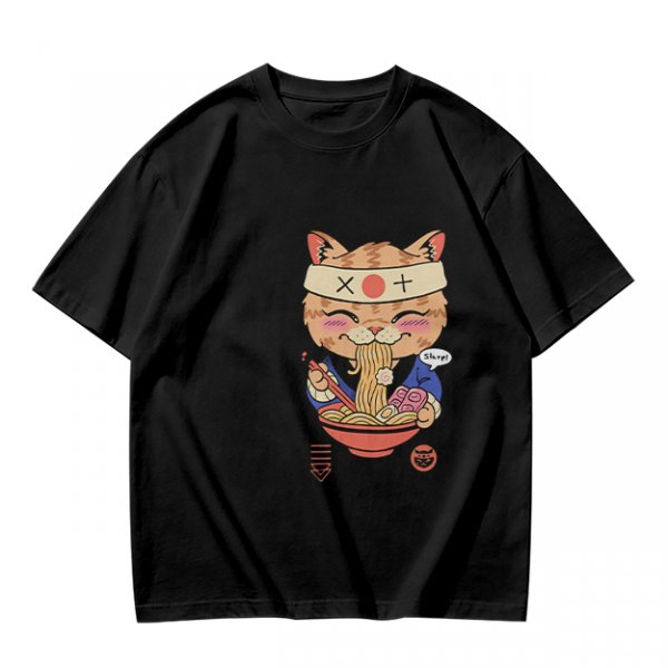 Olive green t-shirt with a cute cat eating ramen graphic