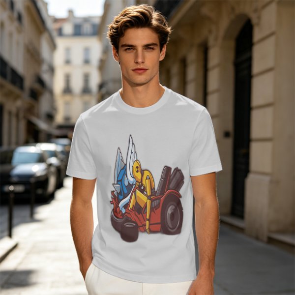 Olive T-Shirt With Cartoon Robot And Winged Vehicle Graphic
