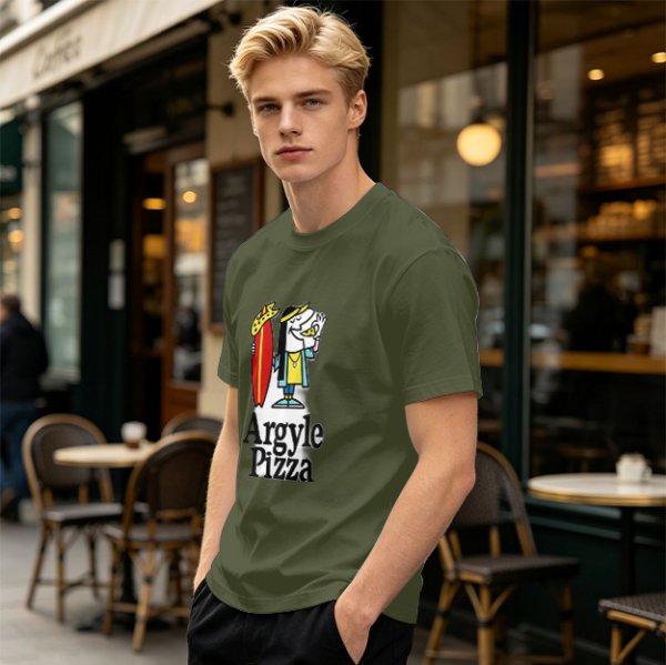 Olive T-Shirt with Surfer Pizza Character and Argyle Pizza Print