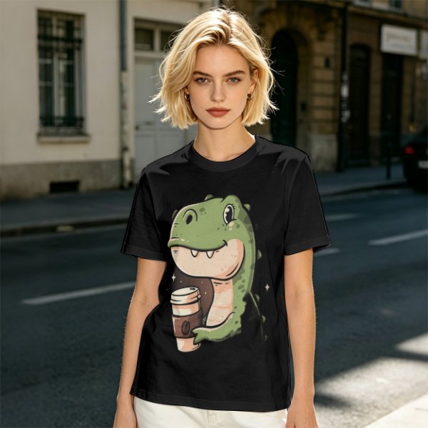 Olive T-shirt with Cute Dinosaur Holding Coffee Print