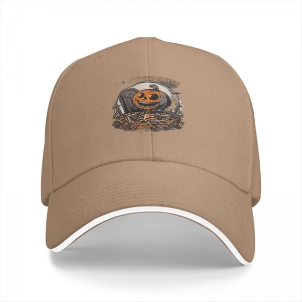 Black baseball cap with Halloween pumpkin skeleton graveyard graphic