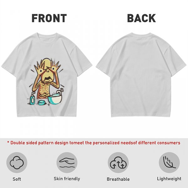 Olive T-shirt with a startled alien washing hands graphic