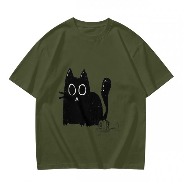 Oversized Army Green T-Shirt With Surprised Black Cat Graphic