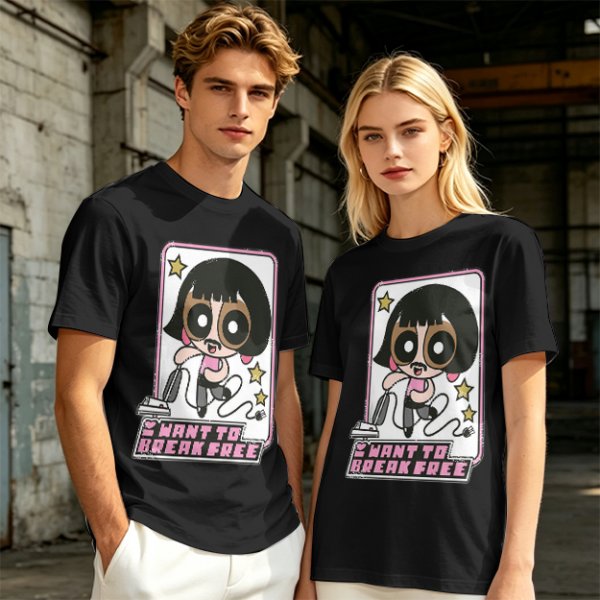 Olive green graphic t-shirt with Powerpuff-style character and 'I Want To Break Free' text