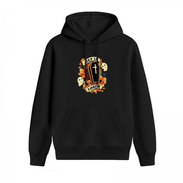 Black hoodie with coffin ghost floral 'Get In Loser' graphic