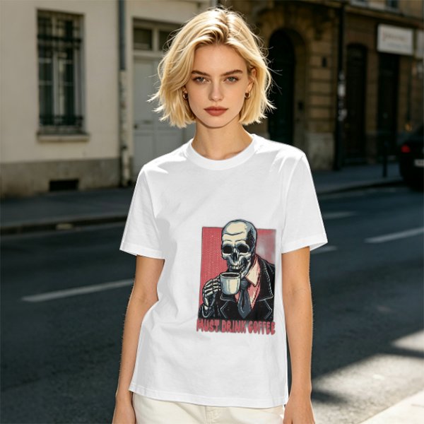 Olive T-shirt with Skeleton Drinking Coffee Must Drink Coffee Print