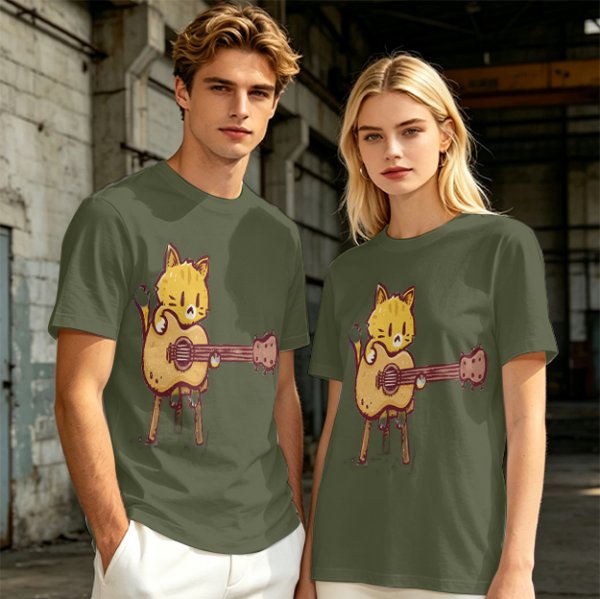 Olive T-shirt with Cute Orange Cat Playing Guitar Graphic