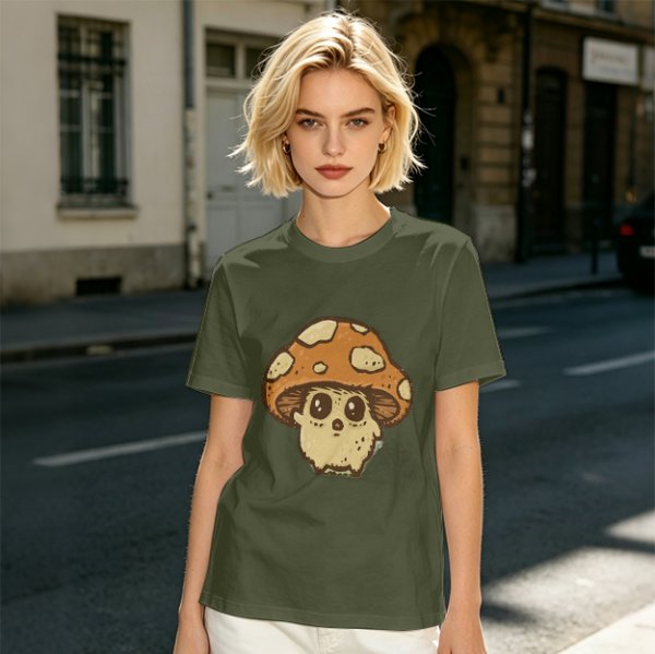 Olive Green T-Shirt With Cute Mushroom Skull Graphic
