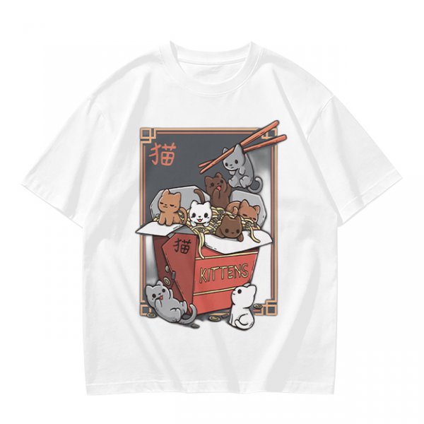 Olive t-shirt with playful kittens in takeout noodle box graphic