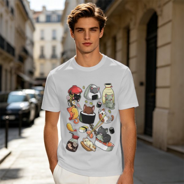 Olive T-Shirt With Cute Sushi Cat Illustrations