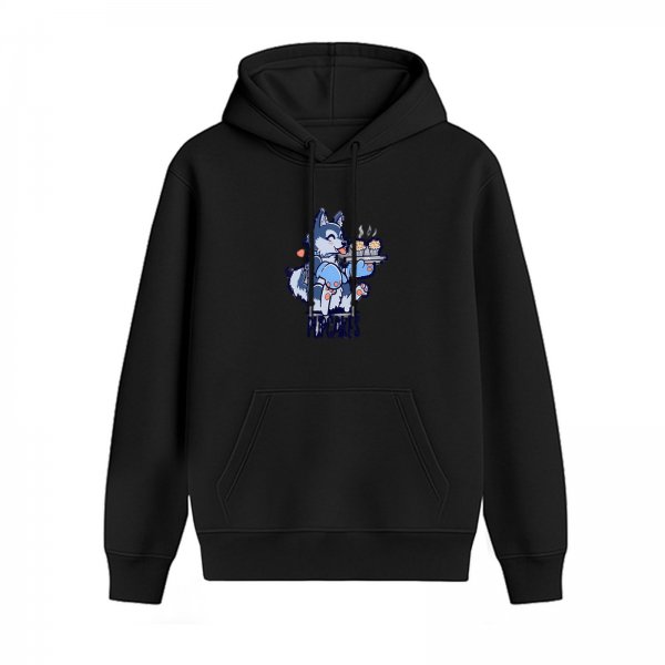 Black Hoodie With Cute Husky Serving Pastries Graphic