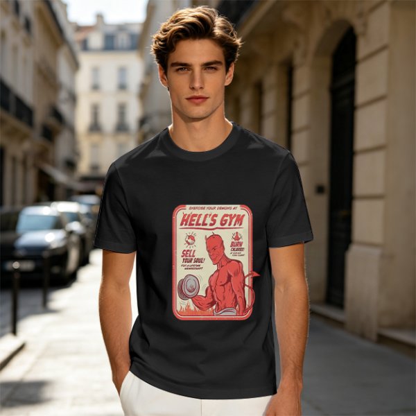 Olive T-shirt with Hell's Gym Devil Lifting Dumbbell Graphic